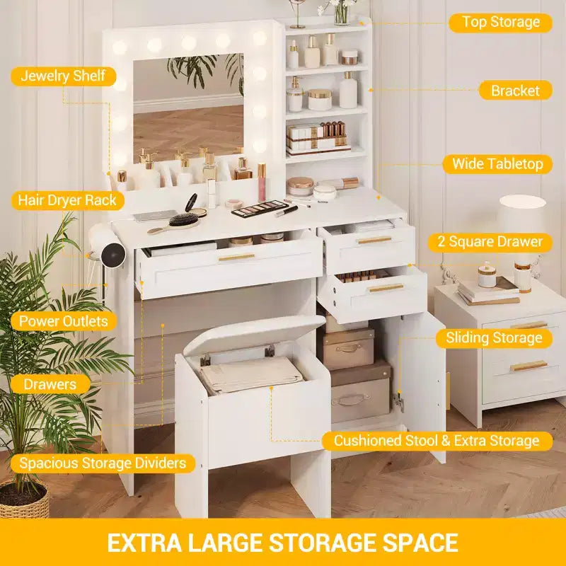 COZONY 37 Meuble Coiffeuse avec Miroir et Lumières, Ensemble de Table de Maquillage avec 3 Tiroirs, Intensité Variable 3 Couleurs, Prises Électriques