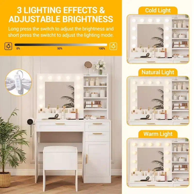 COZONY 37 Meuble Coiffeuse avec Miroir et Lumières, Ensemble de Table de Maquillage avec 3 Tiroirs, Intensité Variable 3 Couleurs, Prises Électriques