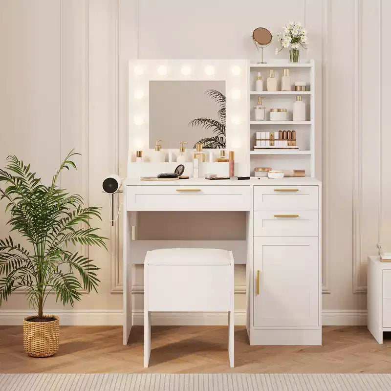COZONY 37 Meuble Coiffeuse avec Miroir et Lumières, Ensemble de Table de Maquillage avec 3 Tiroirs, Intensité Variable 3 Couleurs, Prises Électriques