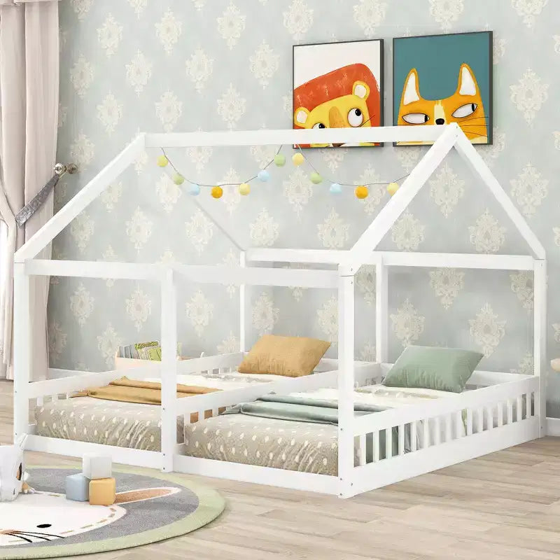 Lits plateforme en bois en forme de maison pour 2 enfants, lits jumeaux partagés pour garçons et filles