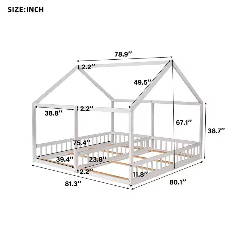 Lits plateforme en bois en forme de maison pour 2 enfants, lits jumeaux partagés pour garçons et filles