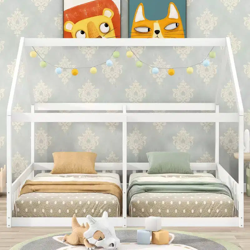 Lits plateforme en bois en forme de maison pour 2 enfants, lits jumeaux partagés pour garçons et filles