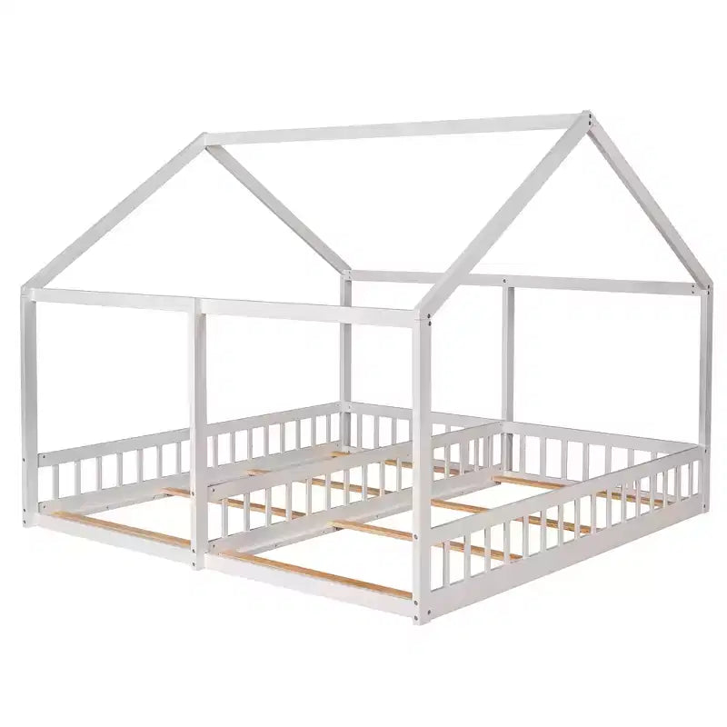 Lits plateforme en bois en forme de maison pour 2 enfants, lits jumeaux partagés pour garçons et filles