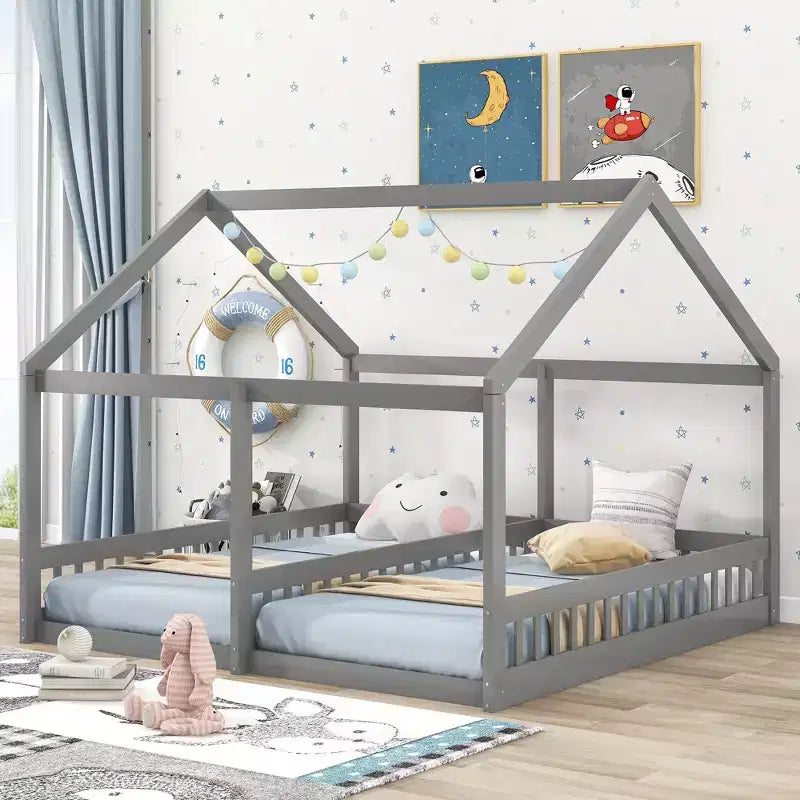 Lits plateforme en bois en forme de maison pour 2 enfants, lits jumeaux partagés pour garçons et filles