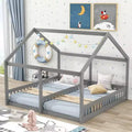 Twin Size Wood House Floor Platform Beds for 2 Kids, Two Shared Beds Frame for Kids Goys Girls