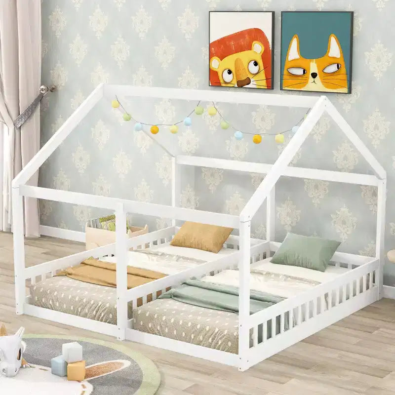 Lits plateforme en bois en forme de maison pour 2 enfants, lits jumeaux partagés pour garçons et filles