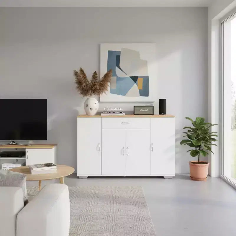 FurnitureR Buffet de Rangement Moderne de Style Ferme, Buffet de Café en Bois avec Tiroir et Étagères, Meuble de Rangement à Portes Coulissantes 43.3
