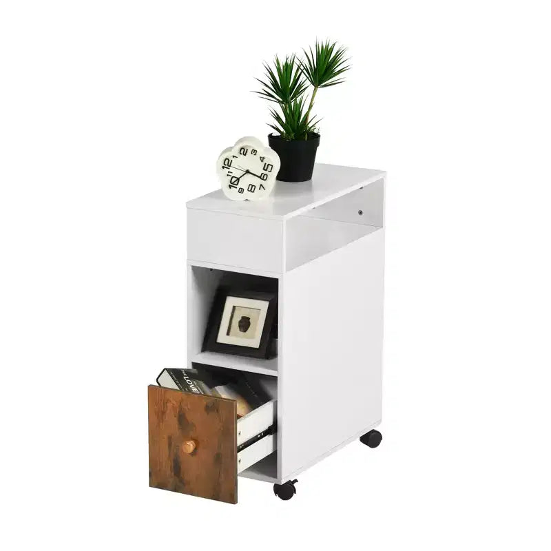 Meuble de classement mobile FurnitureR, classeur vertical roulant avec tiroir et étagères de rangement double face, organisateur de dossiers en bois blanc/marron