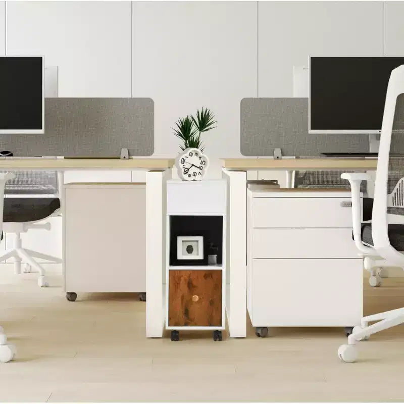Meuble de classement mobile FurnitureR, classeur vertical roulant avec tiroir et étagères de rangement double face, organisateur de dossiers en bois blanc/marron