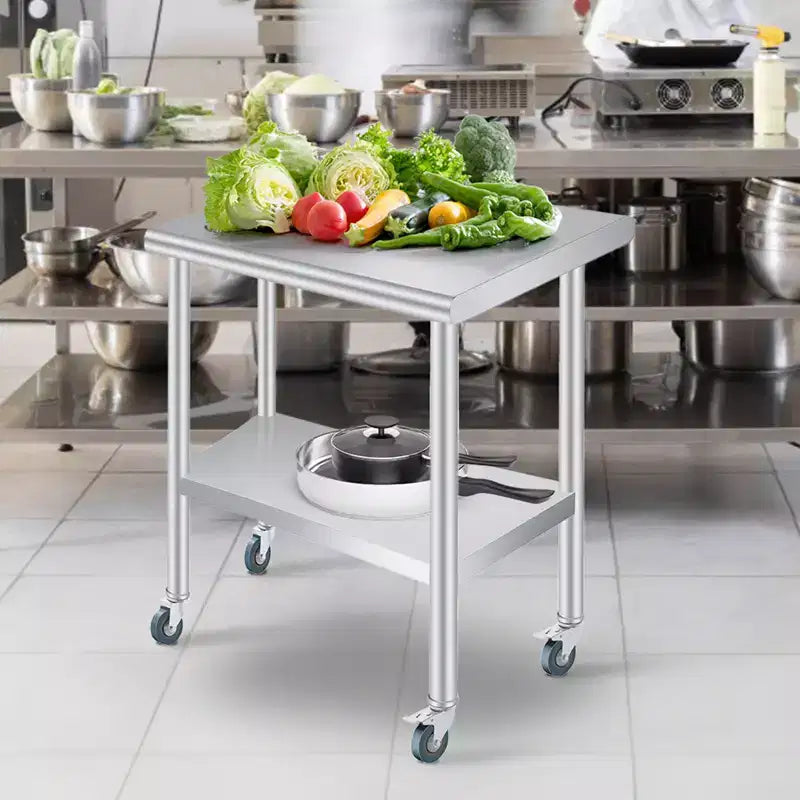 Stainless Steel Prep Table with Rounded-Corner, Adjustable Undershelf and 4 Caster Wheels, Commercial Heavy Duty Table with Adjustable Under Shelf