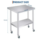 Table de préparation en acier inoxydable avec coins arrondis, étagère inférieure réglable et 4 roulettes, table commerciale robuste avec étagère inférieure réglable