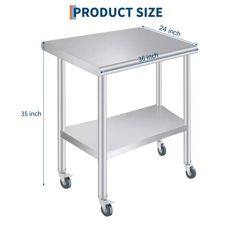 Table de préparation en acier inoxydable avec coins arrondis, étagère inférieure réglable et 4 roulettes, table commerciale robuste avec étagère inférieure réglable