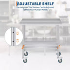 Table de préparation en acier inoxydable avec coins arrondis, étagère inférieure réglable et 4 roulettes, table commerciale robuste avec étagère inférieure réglable