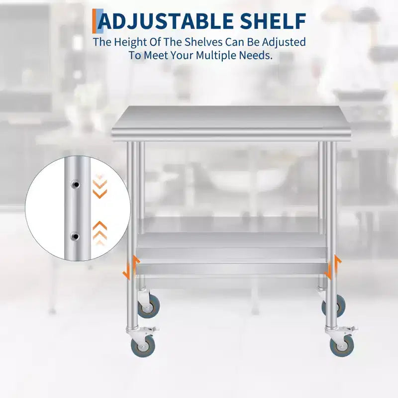 Table de préparation en acier inoxydable avec coins arrondis, étagère inférieure réglable et 4 roulettes, table commerciale robuste avec étagère inférieure réglable