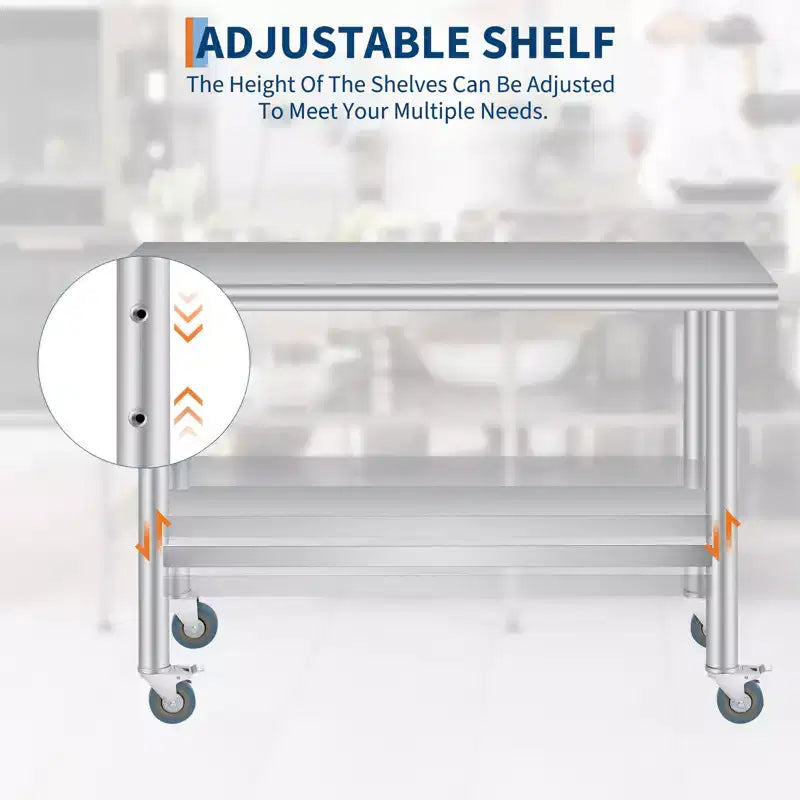 Table de préparation en acier inoxydable avec coins arrondis, étagère inférieure réglable et 4 roulettes, table commerciale robuste avec étagère inférieure réglable