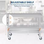 Table de préparation en acier inoxydable avec coins arrondis, étagère inférieure réglable et 4 roulettes, table commerciale robuste avec étagère inférieure réglable