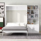 Full Size Murphy Bed Wall Bed with Storage Shelves, Folding Wall Bed with Cabinet for Bedroom Guest Room, White