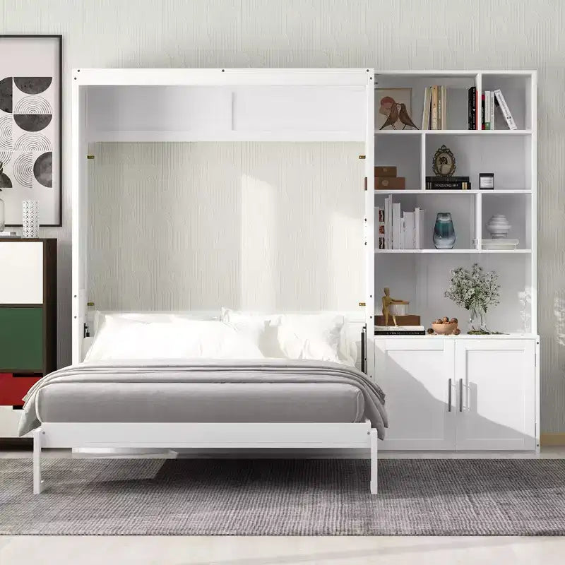 Full Size Murphy Bed Wall Bed with Storage Shelves, Folding Wall Bed with Cabinet for Bedroom Guest Room, White