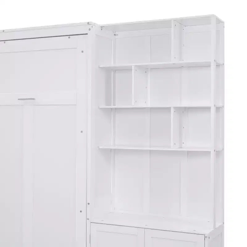 Lit escamotable pleine grandeur avec étagères de rangement, Lit mural pliant avec armoire pour chambre à coucher ou chambre d'amis, Blanc