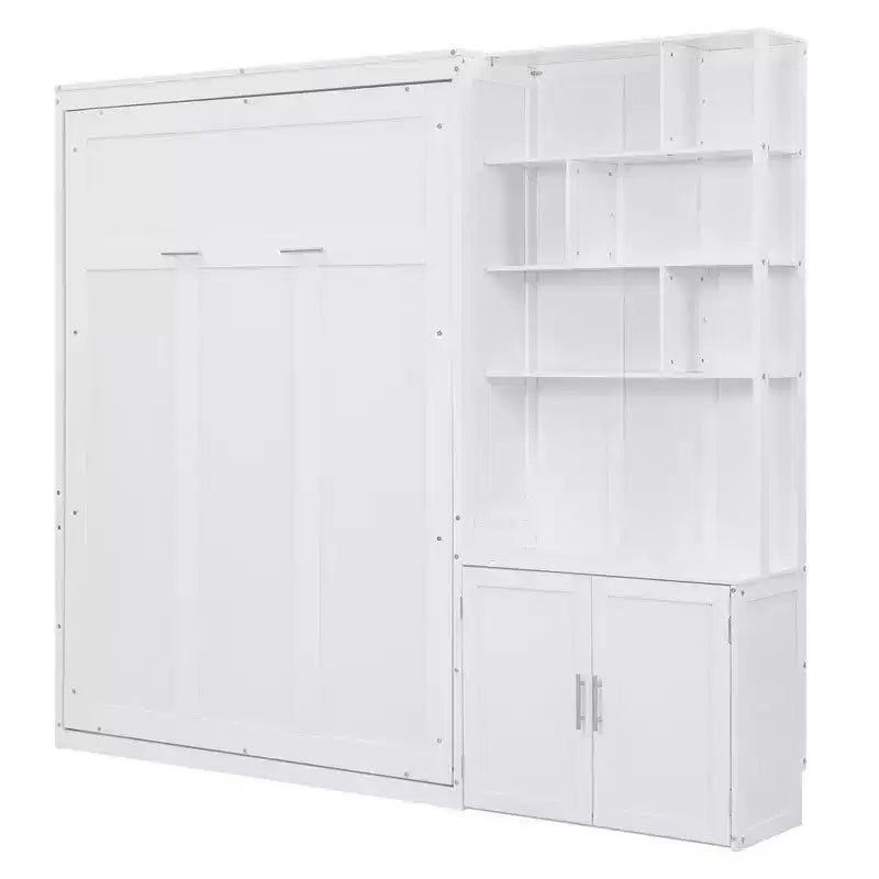 Lit escamotable pleine grandeur avec étagères de rangement, Lit mural pliant avec armoire pour chambre à coucher ou chambre d'amis, Blanc