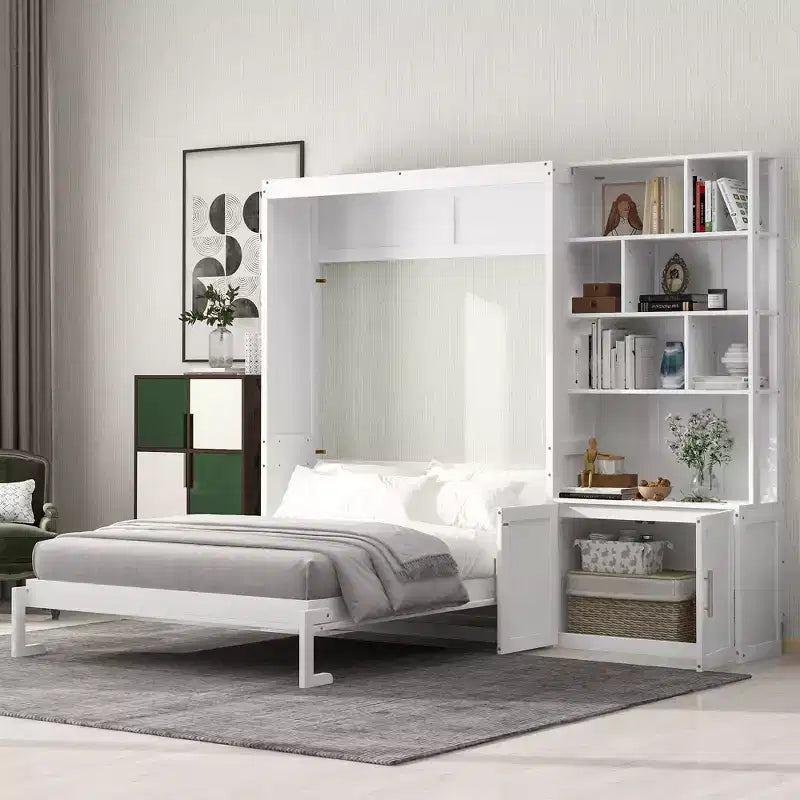 Lit escamotable pleine grandeur avec étagères de rangement, Lit mural pliant avec armoire pour chambre à coucher ou chambre d'amis, Blanc
