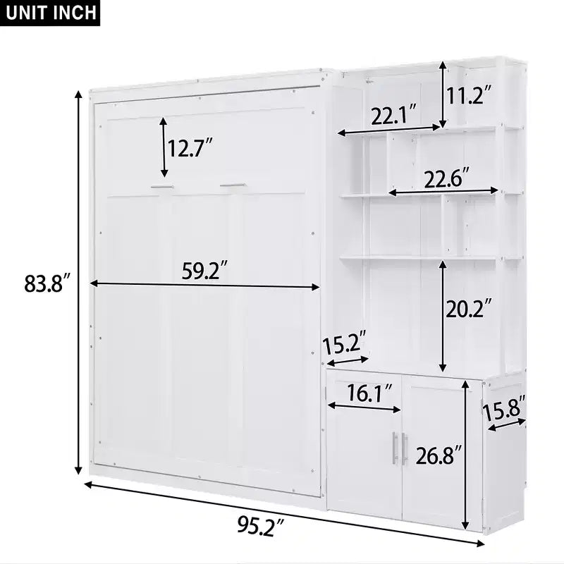 Lit escamotable pleine grandeur avec étagères de rangement, Lit mural pliant avec armoire pour chambre à coucher ou chambre d'amis, Blanc