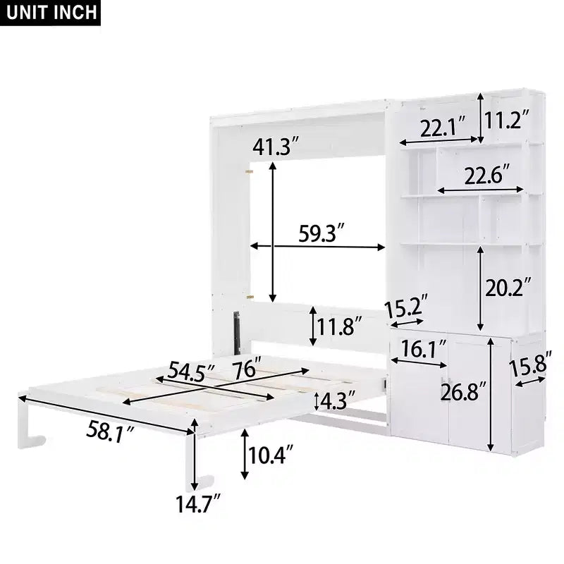 Lit escamotable pleine grandeur avec étagères de rangement, Lit mural pliant avec armoire pour chambre à coucher ou chambre d'amis, Blanc