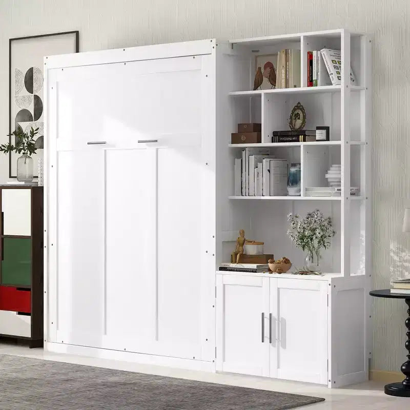 Lit escamotable pleine grandeur avec étagères de rangement, Lit mural pliant avec armoire pour chambre à coucher ou chambre d'amis, Blanc
