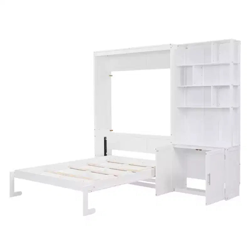 Lit escamotable pleine grandeur avec étagères de rangement, Lit mural pliant avec armoire pour chambre à coucher ou chambre d'amis, Blanc