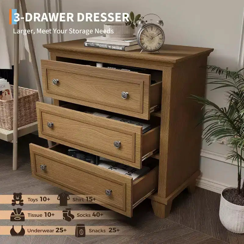 Commode à 3 tiroirs pour chambre à coucher, large commode avec poignée vintage, commode moderne en bois, armoire de chevet large pour salon