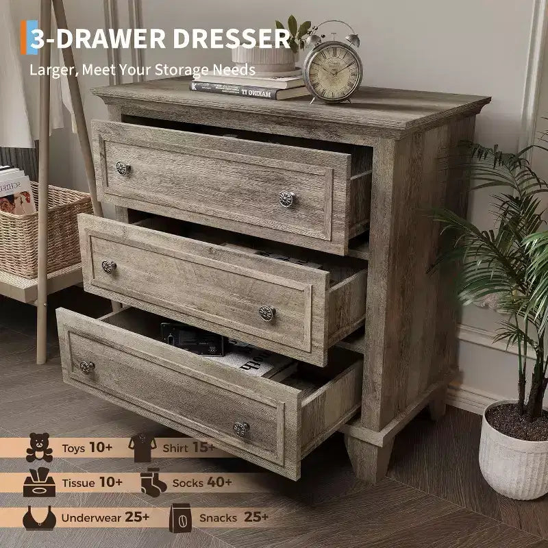 Commode à 3 tiroirs pour chambre à coucher, large commode avec poignée vintage, commode moderne en bois, armoire de chevet large pour salon
