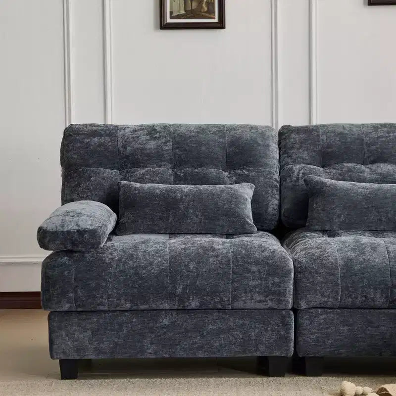 Canapé 4 places en chenille Whisen 119, canapé sectionnel et causeuse avec 2 poufs, dossier réglable, 4 coussins décoratifs