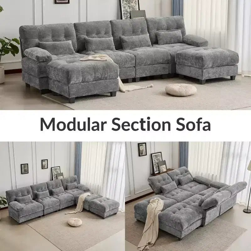 Canapé 4 places en chenille Whisen 119, canapé sectionnel et causeuse avec 2 poufs, dossier réglable, 4 coussins décoratifs