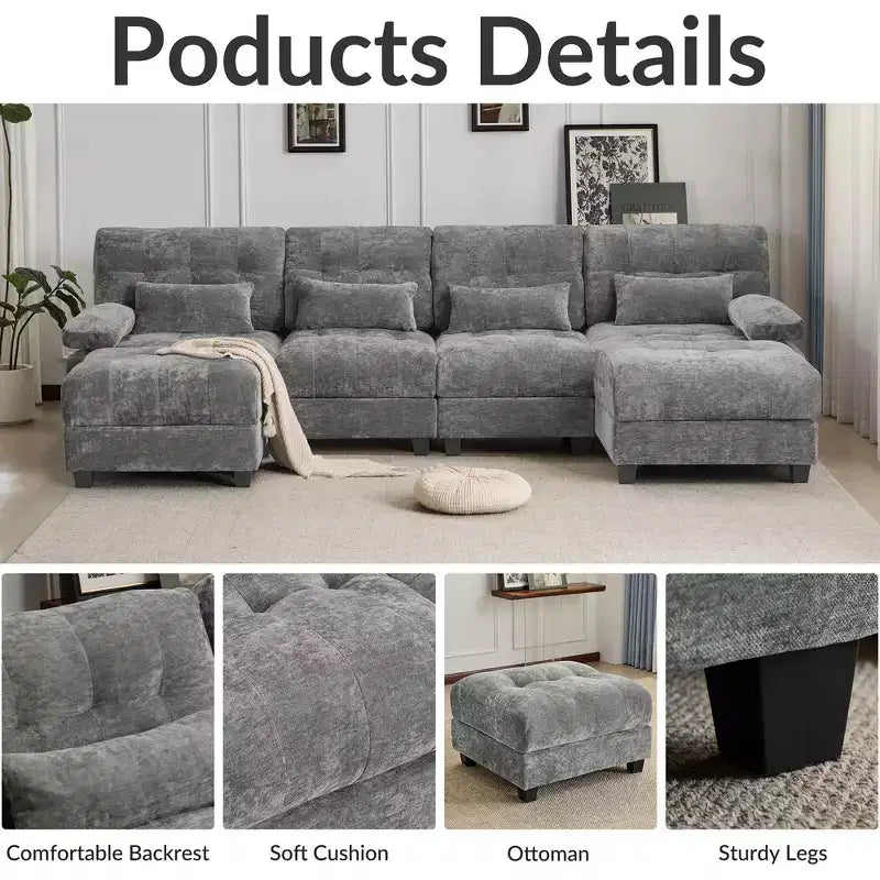 Canapé 4 places en chenille Whisen 119, canapé sectionnel et causeuse avec 2 poufs, dossier réglable, 4 coussins décoratifs