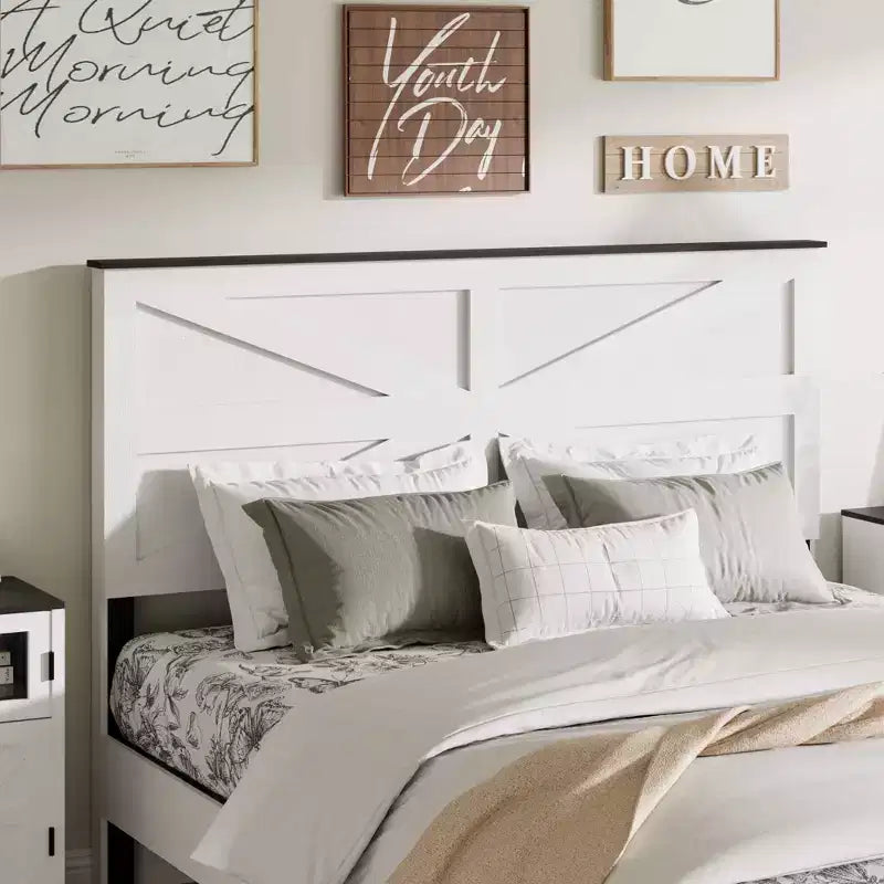 Lit plateforme Okak Natural Style toutes tailles avec tête de lit en bois de style fermier, cadre de lit moderne sans besoin de sommier tapissier