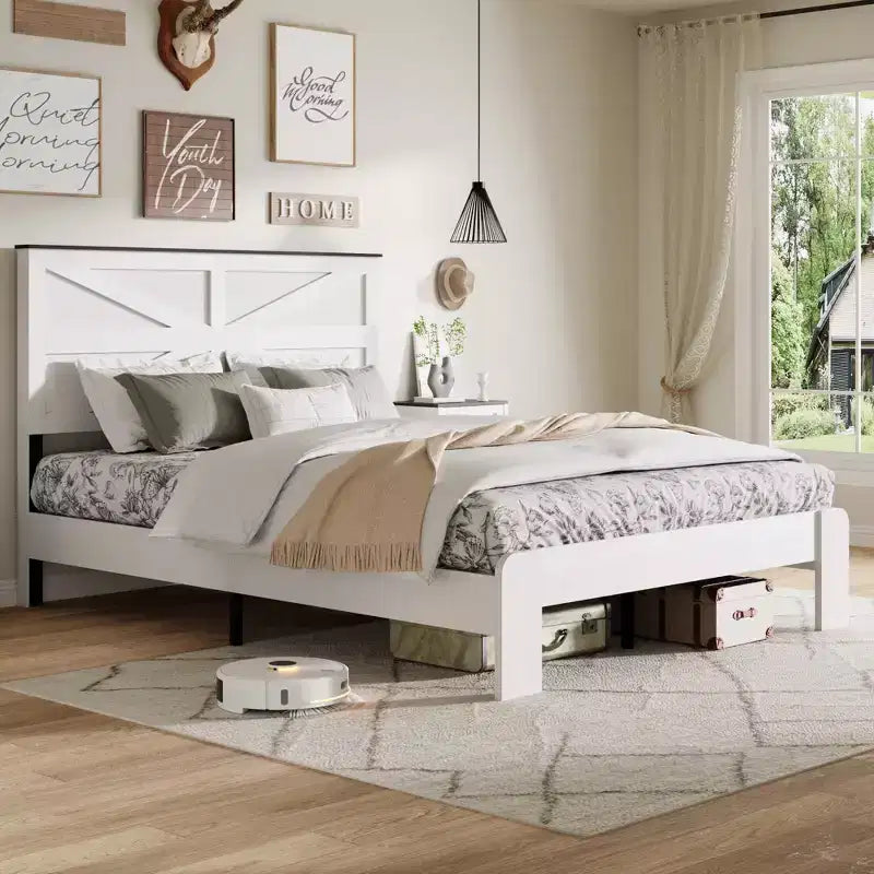 Lit plateforme Okak Natural Style toutes tailles avec tête de lit en bois de style fermier, cadre de lit moderne sans besoin de sommier tapissier