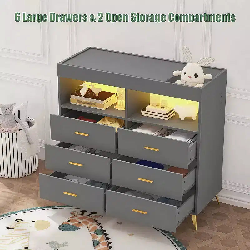 Table à langer pour bébé GustoWave avec pieds en métal, commode à 6 tiroirs, station de langer pour bébés et nourrissons