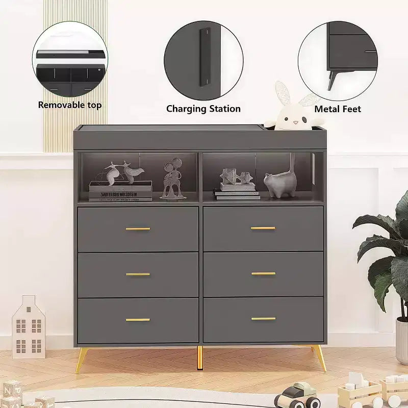 Table à langer pour bébé GustoWave avec pieds en métal, commode à 6 tiroirs, station de langer pour bébés et nourrissons