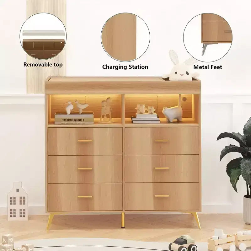 Table à langer pour bébé GustoWave avec pieds en métal, commode à 6 tiroirs, station de langer pour bébés et nourrissons