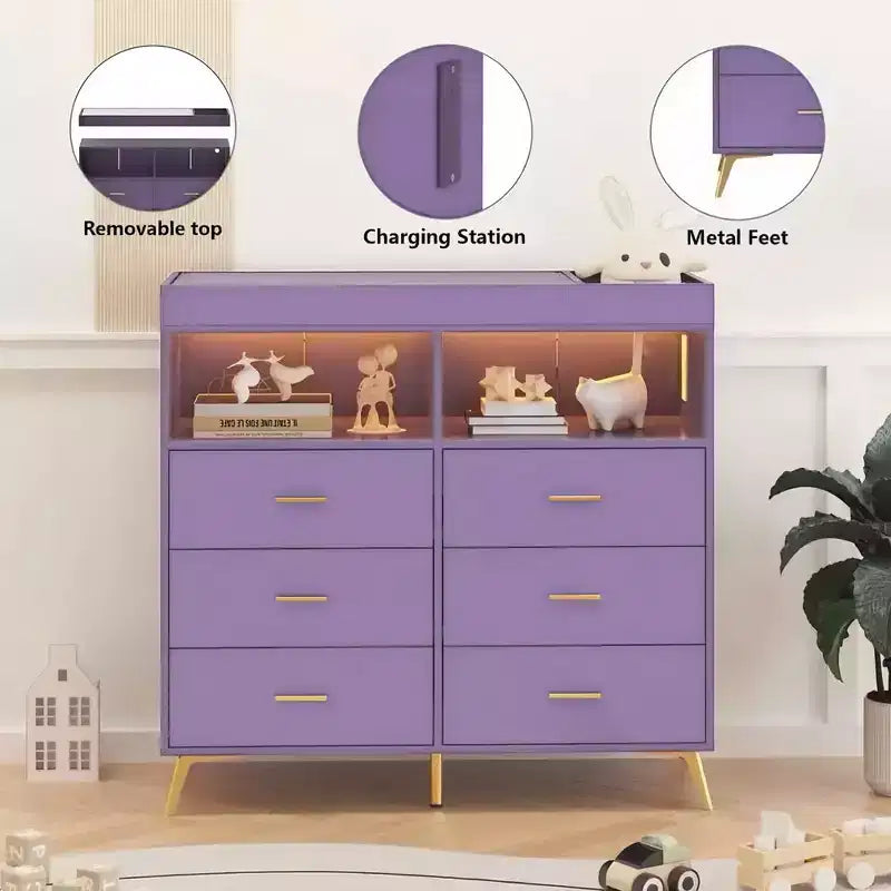 Table à langer pour bébé GustoWave avec pieds en métal, commode à 6 tiroirs, station de langer pour bébés et nourrissons