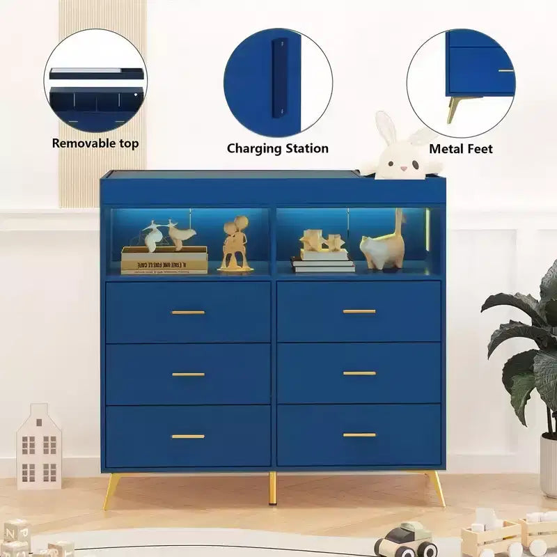 Table à langer pour bébé GustoWave avec pieds en métal, commode à 6 tiroirs, station de langer pour bébés et nourrissons