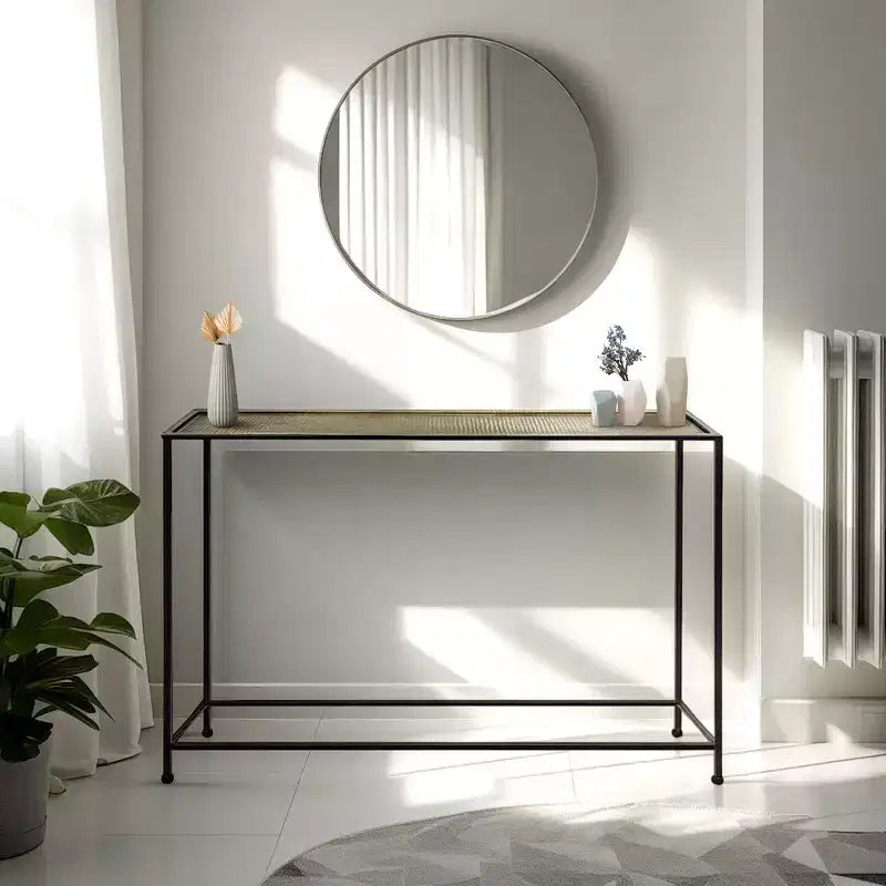 Royal Hampton 48 Inch Console Sofa Table, Artisanal Hammered Antique Bronze Tray Top, Industrial Black Iron Frame