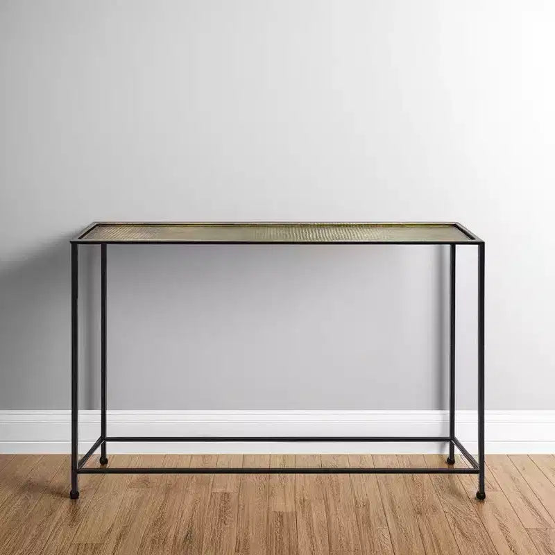 Table console et de canapé Royal Hampton 48 po, plateau en bronze antique martelé artisanal, cadre en fer noir de style industriel