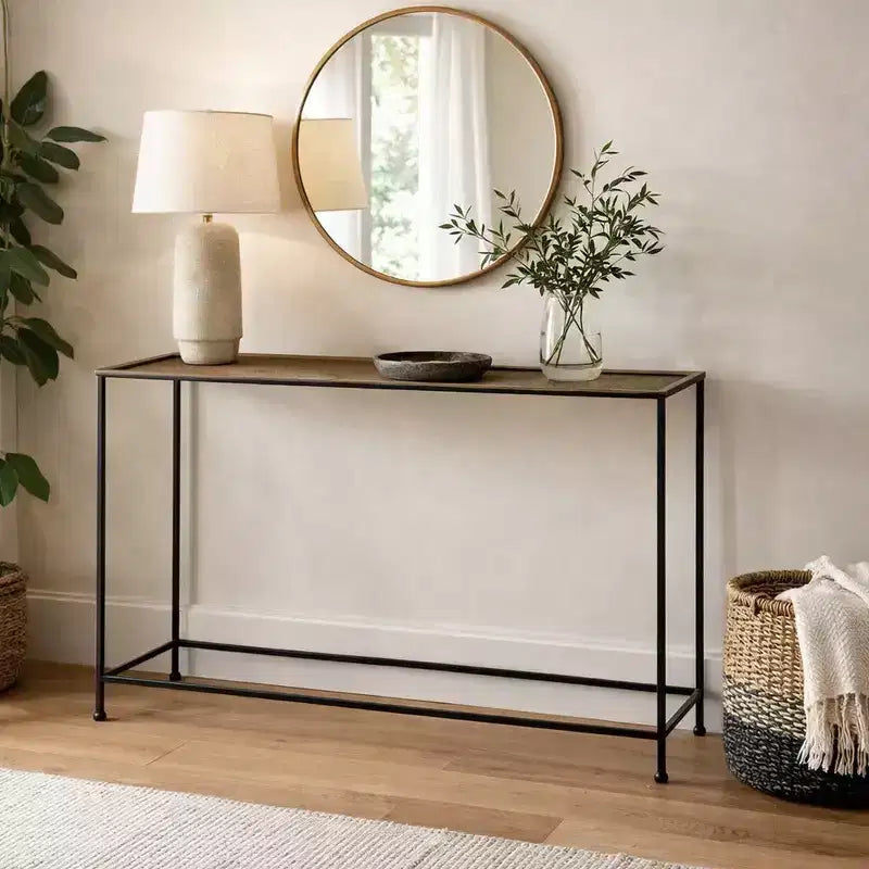 Table console et de canapé Royal Hampton 48 po, plateau en bronze antique martelé artisanal, cadre en fer noir de style industriel