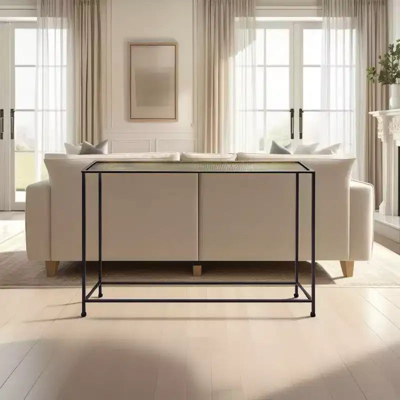 Table console et de canapé Royal Hampton 48 po, plateau en bronze antique martelé artisanal, cadre en fer noir de style industriel