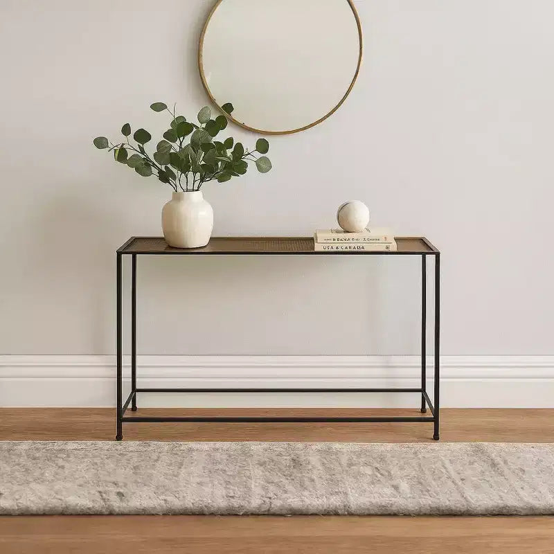 Table console et de canapé Royal Hampton 48 po, plateau en bronze antique martelé artisanal, cadre en fer noir de style industriel