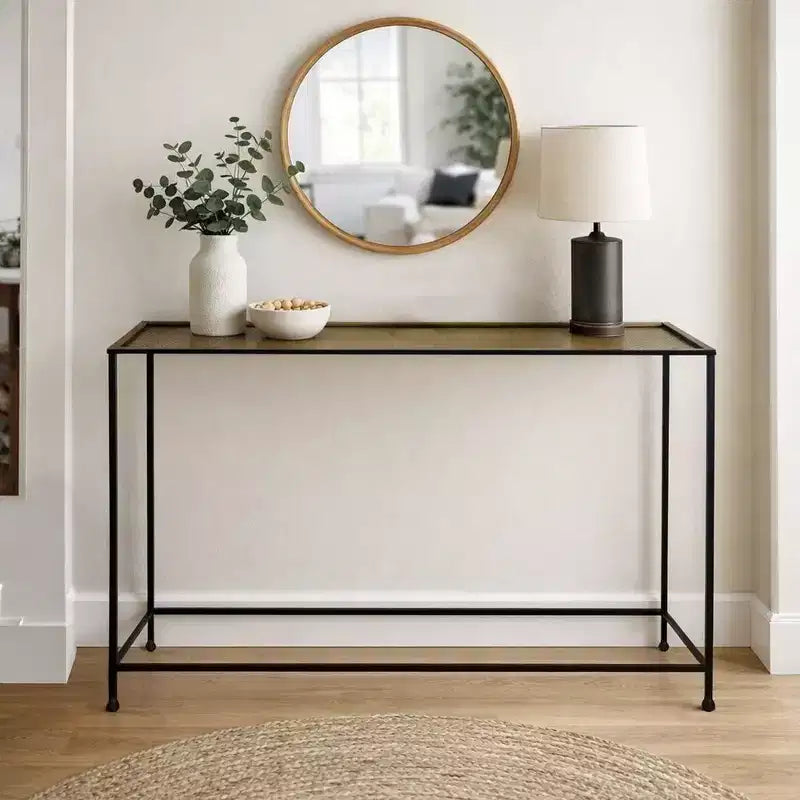Table console et de canapé Royal Hampton 48 po, plateau en bronze antique martelé artisanal, cadre en fer noir de style industriel