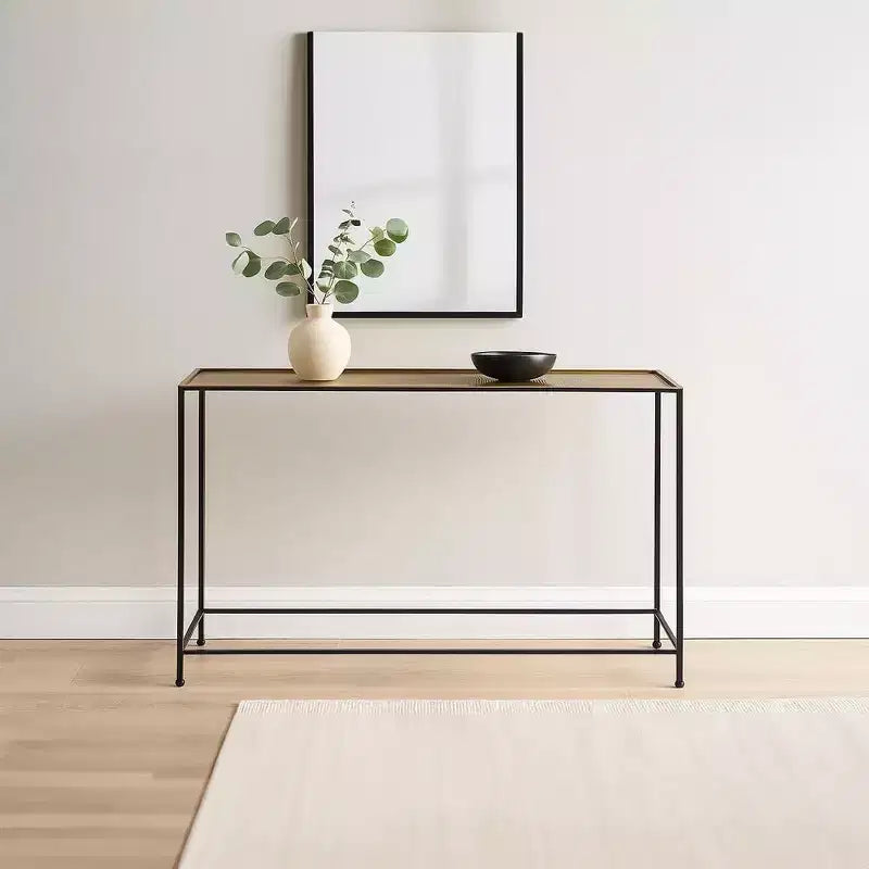 Table console et de canapé Royal Hampton 48 po, plateau en bronze antique martelé artisanal, cadre en fer noir de style industriel