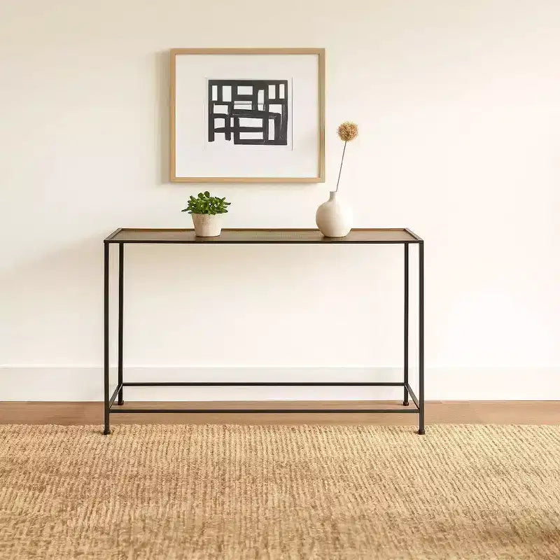 Table console et de canapé Royal Hampton 48 po, plateau en bronze antique martelé artisanal, cadre en fer noir de style industriel