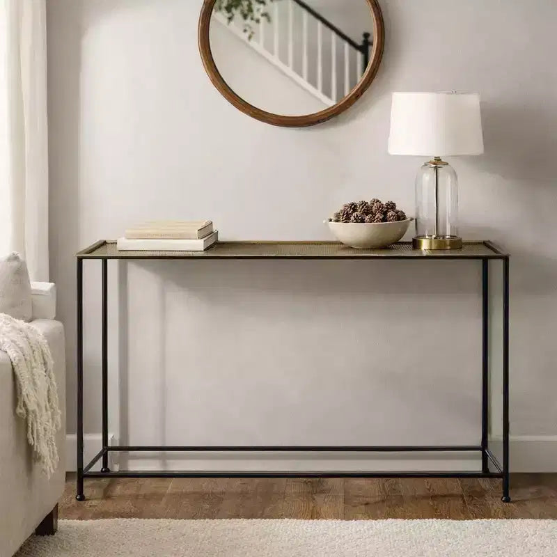 Table console et de canapé Royal Hampton 48 po, plateau en bronze antique martelé artisanal, cadre en fer noir de style industriel